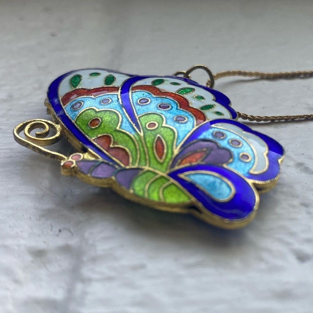 70s butterfly pendant gold tone necklace cloisonne enamel blue green vintage EUC - Picture 4 of 14